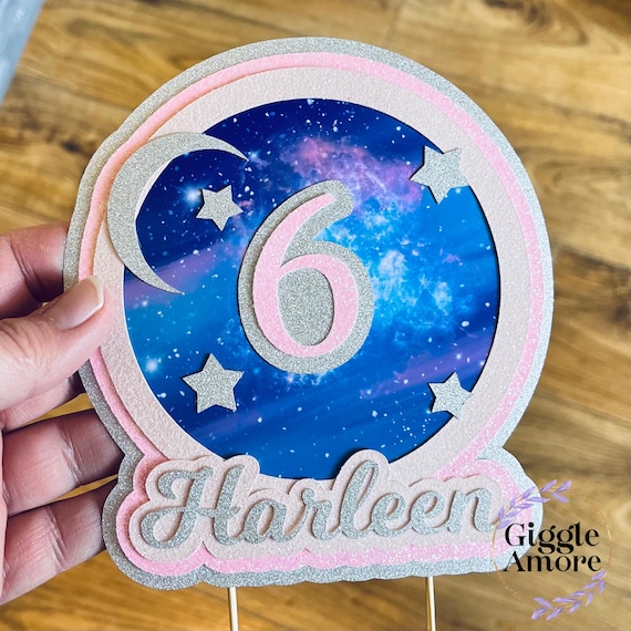 Personalised Cake Topper Galaxy Space Theme Your Choice Of Wording And Colour, Birthday
