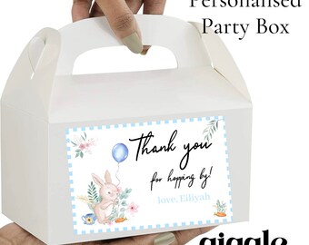 Personalised Party Box Rabbit Theme Gold White Box Bag Birthday Party Gift Favour Activity Food zebra Lion Giraffe Elephant Blue