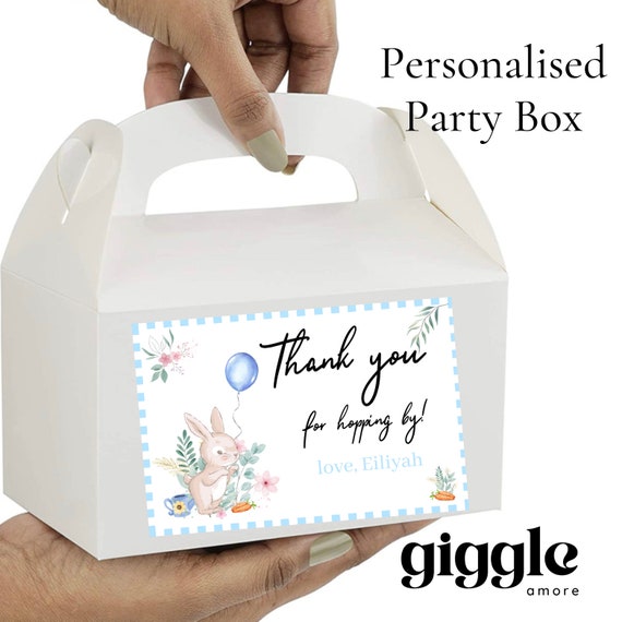 Personalised Party Box Rabbit Theme Gold White Box Bag Birthday Party Gift Favour Activity Food zebra Lion Giraffe Elephant Blue