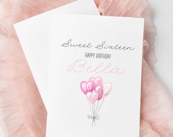 Sweet Sixteen Handmade Personalised Birthday Card Birthday Balloons Pink 5x7"