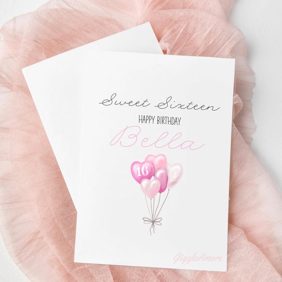 Sweet Sixteen Handmade Personalised Birthday Card Birthday Balloons Pink 5x7"