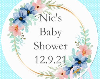Personalised Baby Shower Stickers: Floral Thank You Labels (40mm)