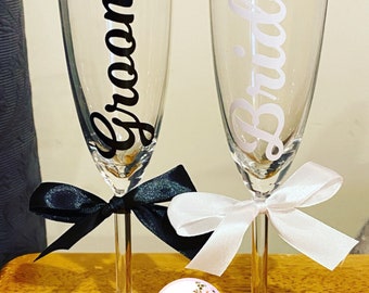 Bride/Bridesmaid champagne flute, wedding titles, maid of honour glass