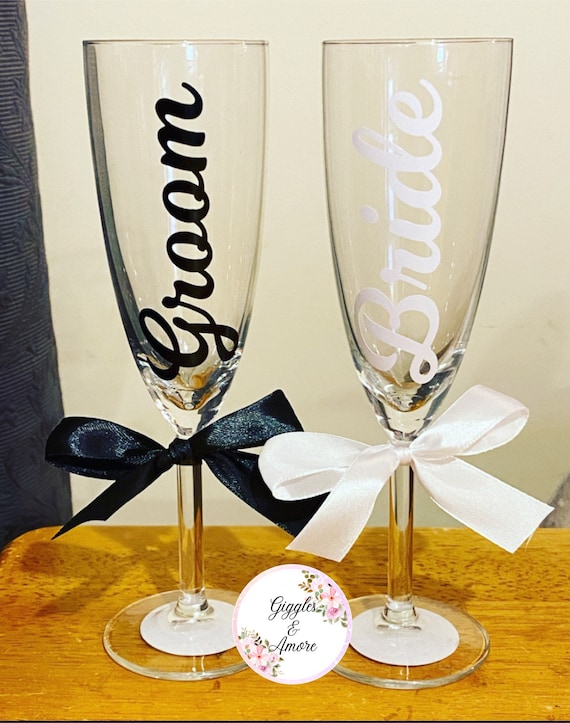 Bride/Bridesmaid champagne flute, wedding titles, maid of honour glass