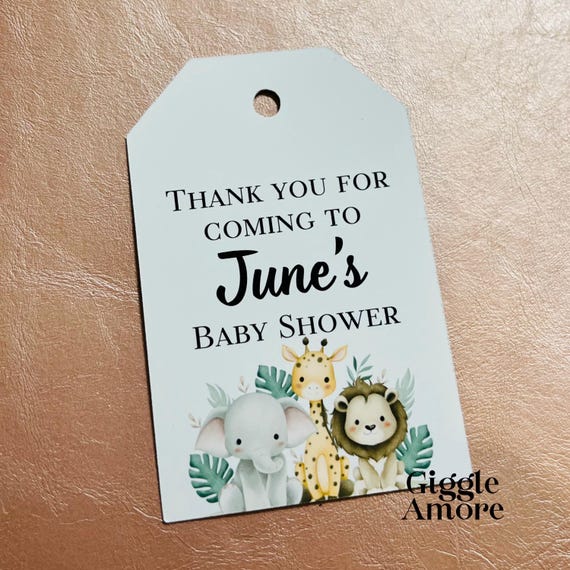10 x Personalised Baby Shower Tags Gift Tags Thank You Tag Jungle Animals Favours