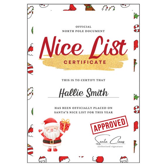 Personalised Letter From Santa, Nice List Certificate, Christmas Eve Box Filler