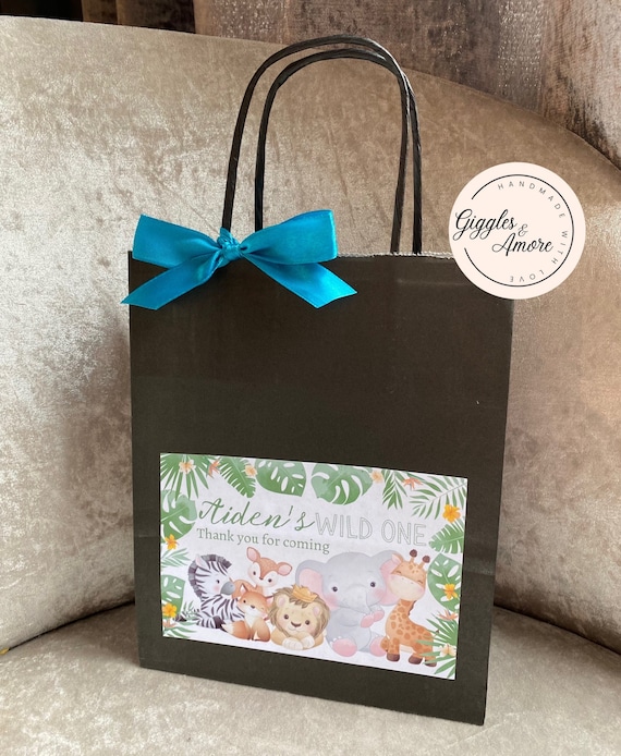 Personalised Party Bags, Safari, Jungle Theme, Wild One with your choice of bag and ribbon colour.