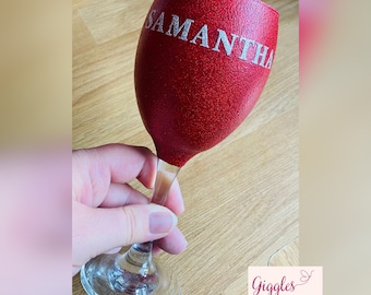 Personalised Wine Glass or Champagne Flute Name Balloon Birthday Wedding Hen Party Gift glitter