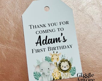 10 x Personalised Birthday Tags Gift Tags Thank You Tag Jungle Animals Favours