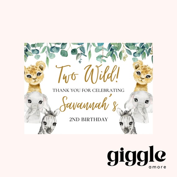 Two Wild Personalised Party Jungle Safari Theme Stickers Bag Birthday Party Gift Favour Activity Food zebra Lion Giraffe Elephant