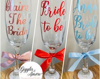 Personalised Wedding Glasses Bride/Bridesmaid champagne flute, wedding titles, maid of honour glass
