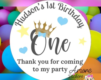 Personalised Party Stickers, Crown Theme, Thank you for coming, Labels, Kids, Self Adhesive, Printed, Personalized, Birthday.