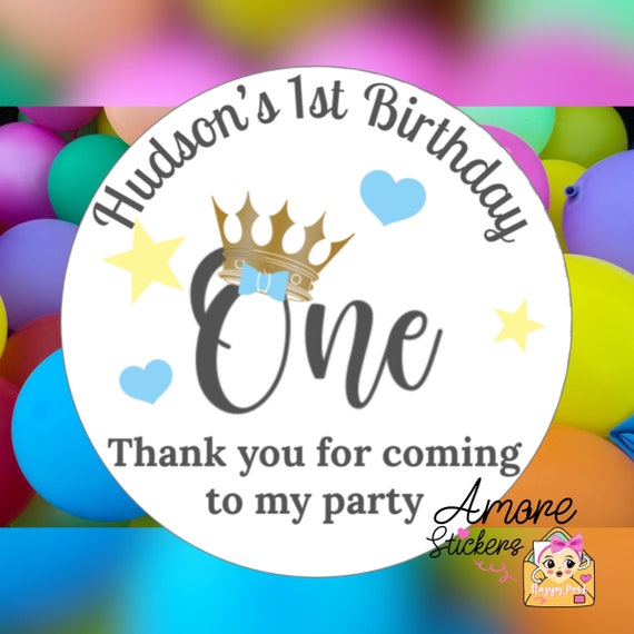 Personalised Party Stickers, Crown Theme, Thank you for coming, Labels, Kids, Self Adhesive, Printed, Personalized, Birthday.
