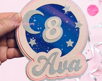 Personalised Cake Topper Galaxy Space Theme Your Choice Of Wording And Colour, Birthday