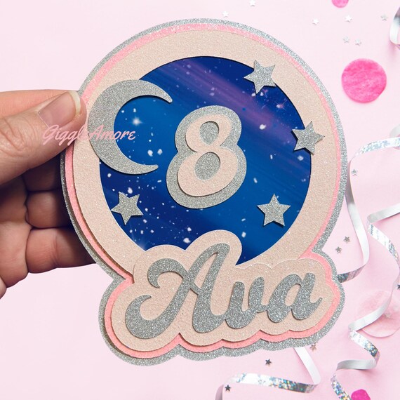Personalised Cake Topper Galaxy Space Theme Your Choice Of Wording And Colour, Birthday