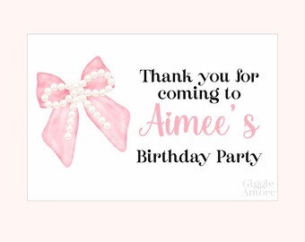 Personalised Pink Bow Party Stickers - Birthday Favour Labels