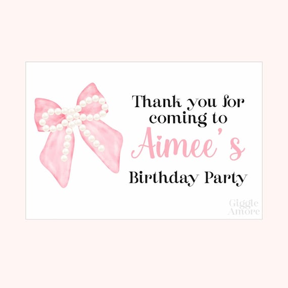 Personalised Pink Bow Party Stickers - Birthday Favour Labels