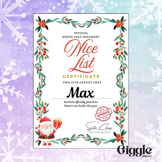 Personalised Letter From Santa, Nice List Certificate, Christmas Eve Box Filler