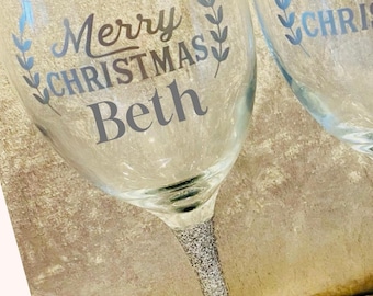 Merry Christmas Personalised Glitter Wine Glass: Gift for Her