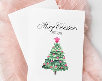 Teacher Handmade Personalised Christmas Card Xmas Tree Balloons Pink 5x7"