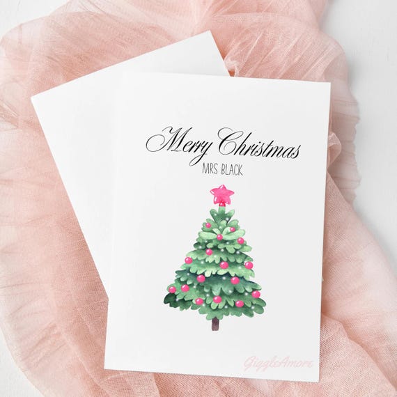 Teacher Handmade Personalised Christmas Card Xmas Tree Balloons Pink 5x7"