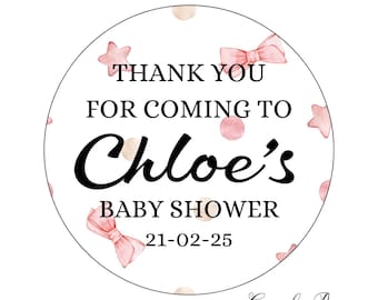 Personalised Baby Shower, Party Stickers, Floral Thank you for coming, Labels, coquette bow, Thank U, Self Adhesive, Printed