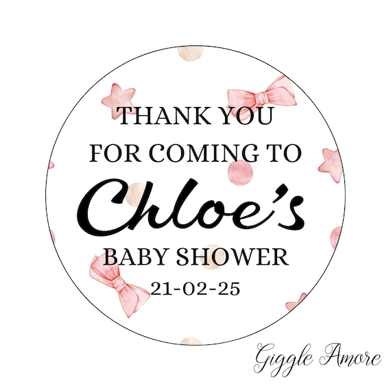 Personalised Baby Shower, Party Stickers, Floral Thank you for coming, Labels, coquette bow, Thank U, Self Adhesive, Printed