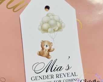 Personalised Gender Reveal Favor Tags: Teddy Bear Balloons, Set of 10