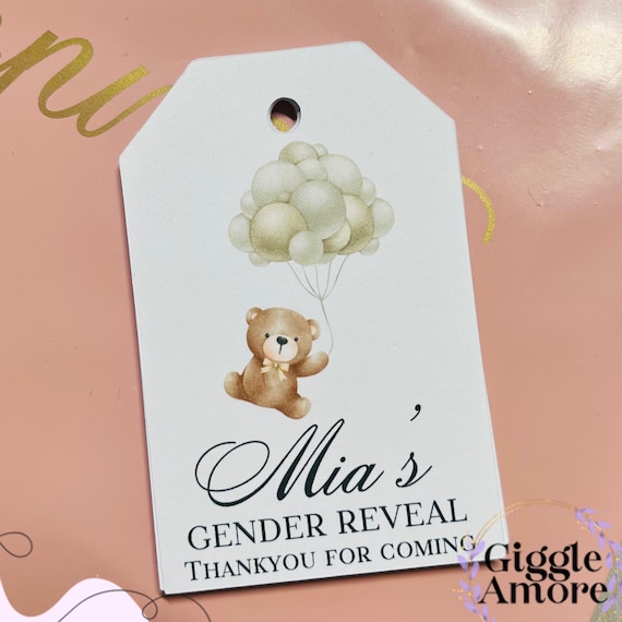 Personalised Gender Reveal Favor Tags: Teddy Bear Balloons, Set of 10