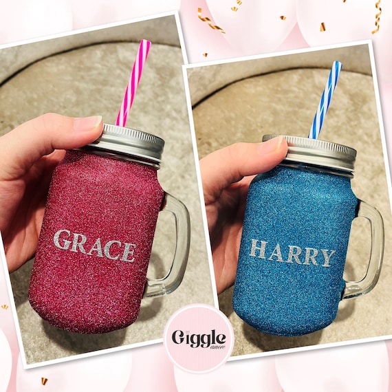 Personalised Glitter Glass Jar with handle, mason jar, Present Gift bbq party favour