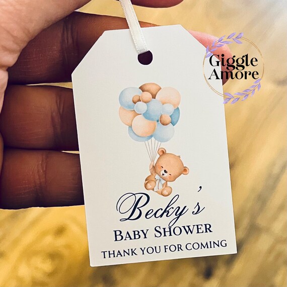10 x Personalised Baby Shower Tags Gift Tags Thank You Tag Balloons Blue Favours