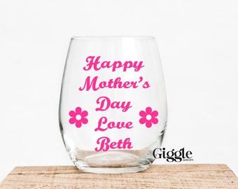 Personalised Stemless Wine Glass Name Balloon Birthday Mother’s Day Party Gift Mum Mother