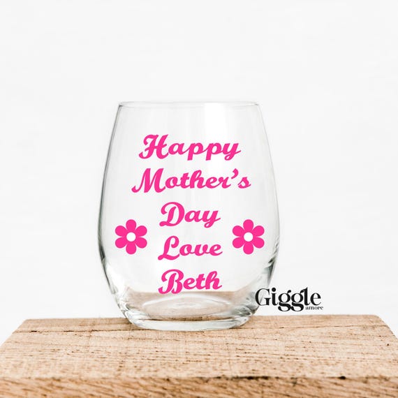 Personalised Stemless Wine Glass Name Balloon Birthday Mother’s Day Party Gift Mum Mother