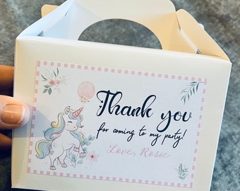 Personalised Party Box Unicorn Theme Gold White Box Bag Birthday Party Gift Favour Activity Food zebra Lion Giraffe Elephant Pink