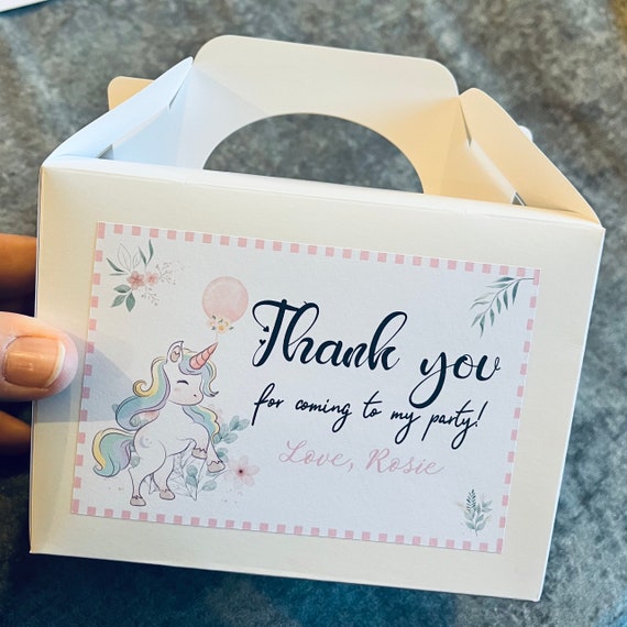 Personalised Party Box Unicorn Theme Gold White Box Bag Birthday Party Gift Favour Activity Food zebra Lion Giraffe Elephant Pink