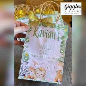 Personalised Party Bags, Safari, Jungle Theme, Wild One with your choice of bag and ribbon colour.