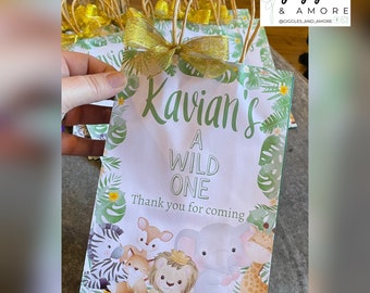 Personalised Party Bags, Safari, Jungle Theme, Wild One with your choice of bag and ribbon colour.