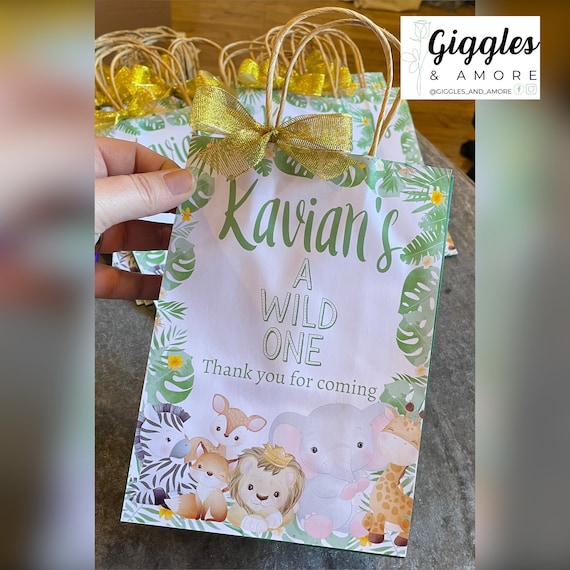 Personalised Party Bags, Safari, Jungle Theme, Wild One with your choice of bag and ribbon colour.