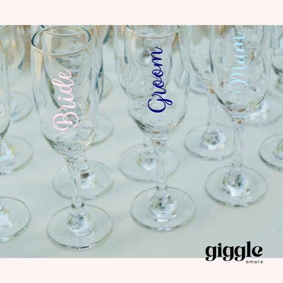 Personalised Bride Groom Bridesmaid Guests champagne flute, wedding titles, maid of honour with date glass