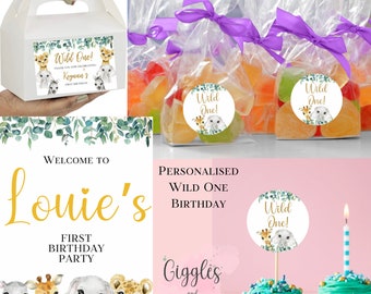 WILD ONE Personalised Party Jungle Safari Theme Decorations Stickers Box Bag Birthday Party Gift Food zebra Lion Giraffe Elephant