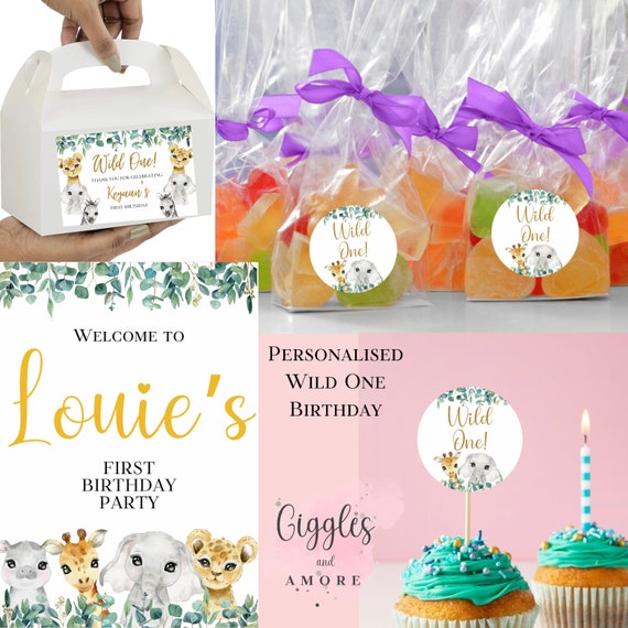 WILD ONE Personalised Party Jungle Safari Theme Decorations Stickers Box Bag Birthday Party Gift Food zebra Lion Giraffe Elephant