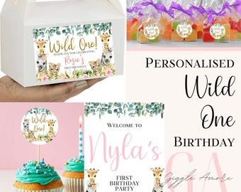 WILD ONE Personalised Party Jungle Safari Theme Decorations Stickers Box Bag Birthday Party Gift Food zebra Lion Giraffe Elephant