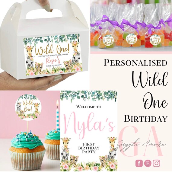 WILD ONE Personalised Party Jungle Safari Theme Decorations Stickers Box Bag Birthday Party Gift Food zebra Lion Giraffe Elephant
