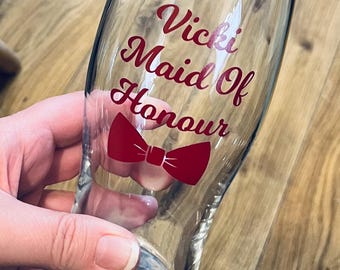Personalised Wedding Pint Glasses Bride/Bridesmaid champagne flute, wedding titles, maid of honour glass