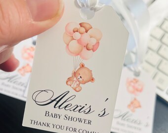 10 x Personalised Baby Shower Tags Gift Tags Thank You Tag Balloons Pink Favours