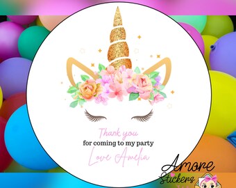 Personalised Party Stickers, Unicorn, Thank you for coming, Labels, Kids, Thank U, Self Adhesive, Printed, Personalized, Birthday.
