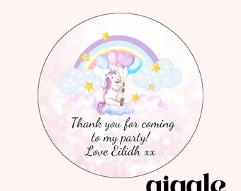 Personalised Party Stickers, Unicorn, Thank you for coming, Labels, Kids, Thank U, Self Adhesive, Printed, Personalized, Birthday.