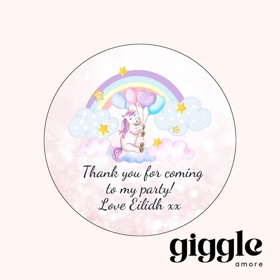 Personalised Party Stickers, Unicorn, Thank you for coming, Labels, Kids, Thank U, Self Adhesive, Printed, Personalized, Birthday.