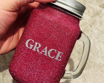 Personalised Glitter Glass Jar with handle, mason jar, Present Gift bbq party favour
