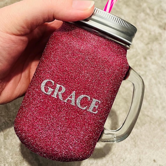 Personalised Glitter Glass Jar with handle, mason jar, Present Gift bbq party favour